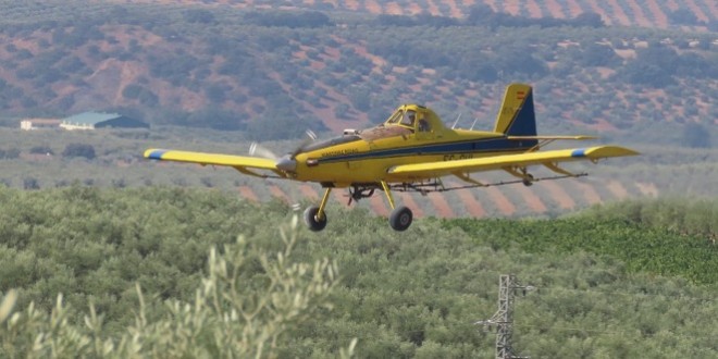 Una avioneta lleva a cabo tratamientos contra la mosca del olivo. Foto. DOP Baena.